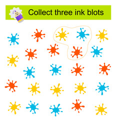 Puzzle game for kids. Collect the three ink blots. Vector illustration.