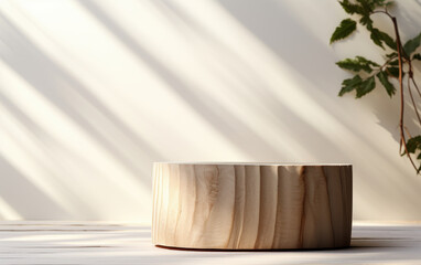 Modern luxury beauty, cosmetic, organic, nature, and fashion product display background: minimal, natural log wood podium table in lovely sunlight, leaf shadow on blank cream white wall, and floor 