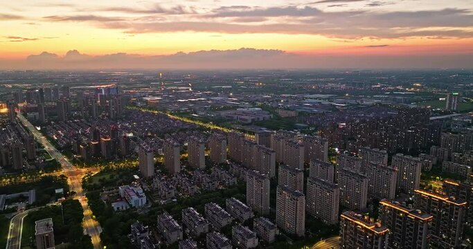 Aerial photography of sky landscape and city skyline in China at sunset