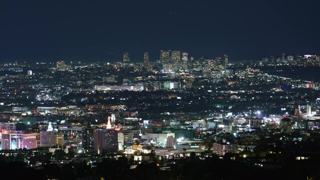 Hollywood Night Cityscape Telephoto from Griffith Park Time Lapse Tilt Up California USA