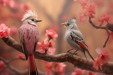 Closeup shot of two birds sitting on a tree branch - Generative AI