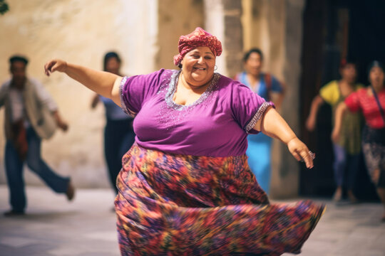 Fat woman expressing joy and confidence in dance, Generative AI