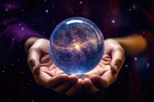 hands holding glowing sphere of light and space. Reading the future in a fortune telling ball