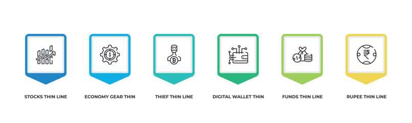 Fototapeta na wymiar set of cryptocurrency economy outline icons with infographic template. thin line icons included economy gear thin line, thief thin line, digital wallet funds rupee vector.