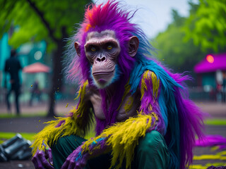 monkey with multi-colored hair in the park. AI generated
