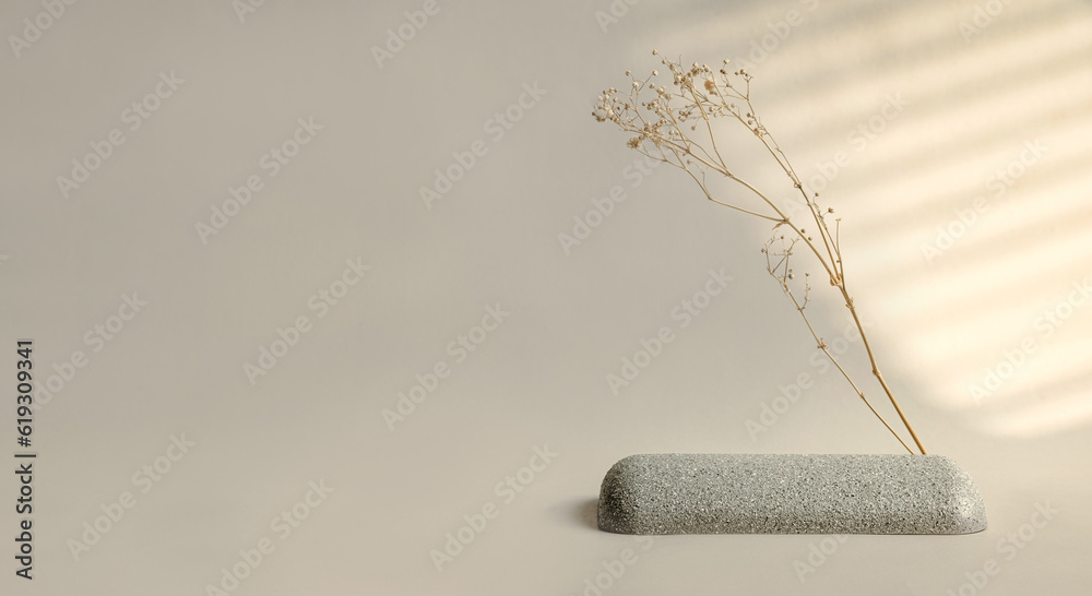 Poster Minimal round stone and dry flower product display with sunlight from window on cream color background