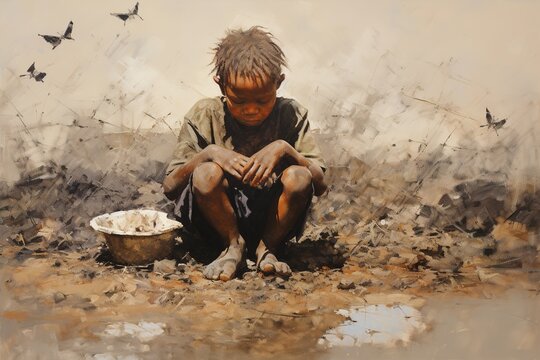 African hungry boy sits on the ground and eats. Generative AI.