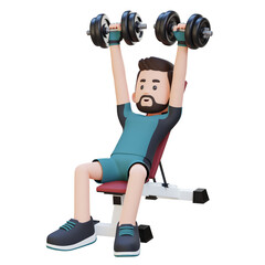 Fototapeta na wymiar 3D Sportsman Character Building Upper Body Strength with Incline Bench Dumbbell Chest Press