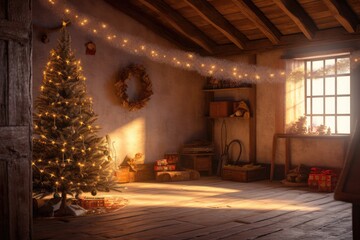 Fototapeta premium cozy living room with a festive Christmas tree in the corner
