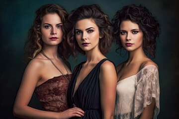 Obraz premium Portrait of three women/sisters with brown hair, studio shooting, professional photography, generative ai, dark background
