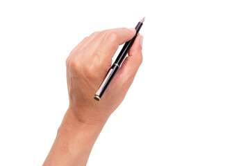 men hand holding a pen at the target - business targeting, aiming, focus concept. white background,...