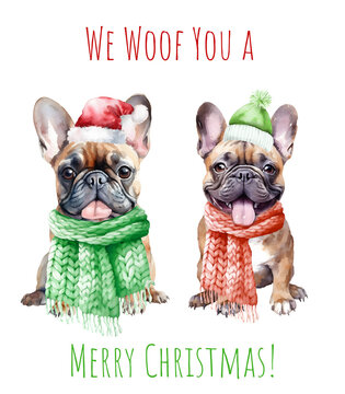 Watercolor Christmas french bulldog. Xmas cute dog in hat, tie and bow. Merry Christmas bulldog. AI generated.