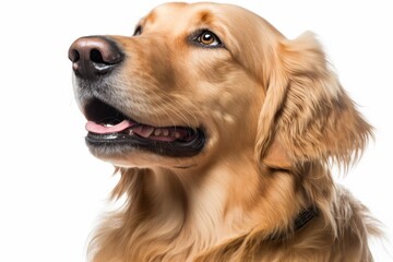 dogs face in close up against a plain white background. Generative AI