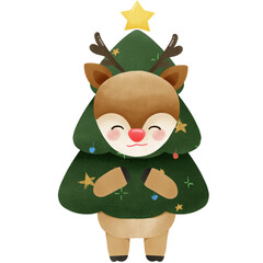 Cute reindeer Christmas cartoon character with Christmas Tree