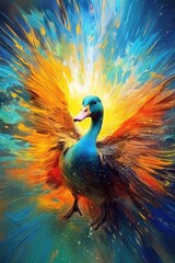 Obraz premium goose form and spirit through an abstract lens. dynamic and expressive goose print by using bold brushstrokes, splatters, and drips of paint. goose untamed energy cute goose poster