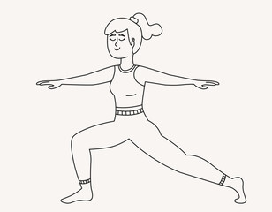 Fototapeta premium Woman doing warrior II pose. Female person in outline style.