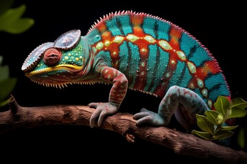 Multicolored Panther Chameleon Furcifer pardali is sitting on the branch. Green leaves background.