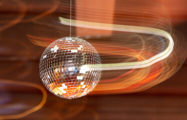 Disco ball in the interior of a modern cafe, close up