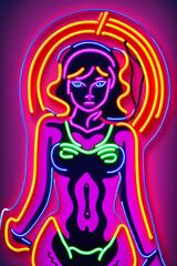 Naklejka na ściany i meble Illustration of a neon sign featuring a young woman. (AI-generated fictional illustration) 