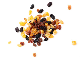 Black and yellow raisins isolated on white background.