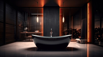 Fototapeta na wymiar A modern black tiles bathroom with a black bathtub.