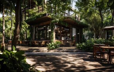 A wooden cafe in the jungle at the morning.