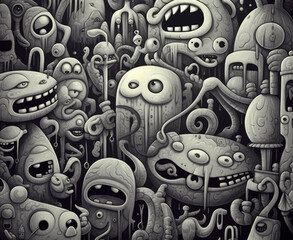 A black and white cute monsters art.