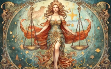 A libra god holding the scales at the colorful background.