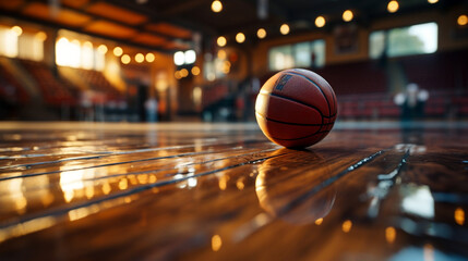 Artistic image of a basketball on the court floor.Generated by AI. - Powered by Adobe