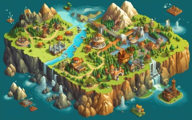 Ariel view of the game map world with mountains and rivers.