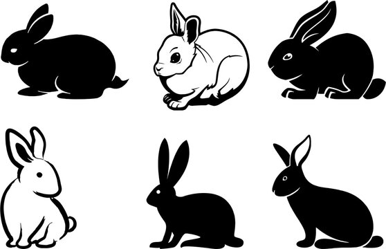 Set of black silhouettes rabbits. Rabbit icons as symbol of softness and quickness. Reuse for designing games and pet care centers marketing. High resolution images on white background.