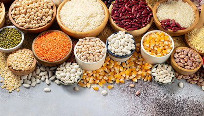 Different type of raw dry legumes composition. White beans, lentils, bulgur, chickpeas, kidney beans, corns, rice, Mix organic legume concept - obrazy, fototapety, plakaty