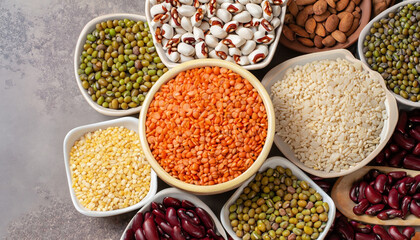 Different type of raw dry legumes composition. White beans, lentils, bulgur, chickpeas, kidney beans, corns, rice, Mix organic legume concept