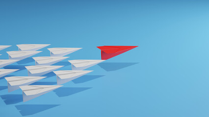 Leadership concept with red paper plane leading among white on blue background.
