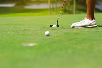 Golfers putting golf balls on the green amid the warm sunshine in the morning. Concept of Outdoor activities and Outdoor sports, Concept of Golfer and Lifestyle.