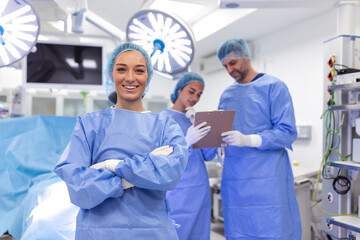 Obraz premium Portrait of female woman nurse surgeon OR staff member dressed in surgical scrubs gown mask and hair net in hospital operating room theater making eye contact smiling pleased happy looking at camera