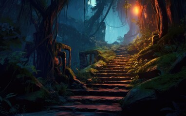 Fototapeta na wymiar Stairs in the night toward the jungle.