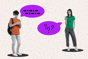 Dialogue, chatting. Photos of people using mobile phones and speech bubbles near them, collage design
