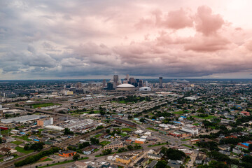 Sunset over New Orleans on the Mississippi River, Aerial view