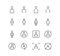 Set of people related icons, male, female, profile, personal, business people, group, leader, human and linear variety vectors.