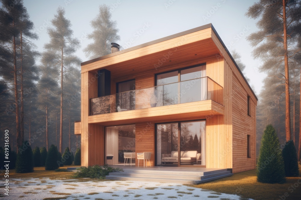 Poster cozy wooden house with a charming balcony and a serene patio. Generative AI