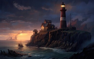 Lighthouse on the beach in the night.
