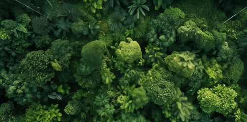 Naklejka premium Aerial top view of summer green trees in forest. Mixed forest, green deciduous trees. Soft light in countryside woodland or park. Drone shoot above colorful green texture in nature. Generative AI.