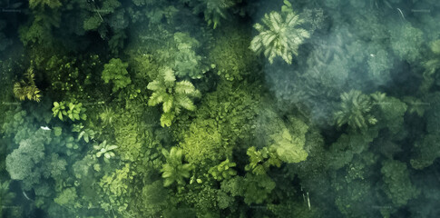 Fototapeta na wymiar Aerial top view of summer green trees in forest. Mixed forest, green deciduous trees. Soft light in countryside woodland or park. Drone shoot above colorful green texture in nature. Generative AI.