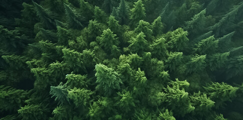 Aerial top view of summer green trees in forest. Mixed forest, green deciduous trees. Soft light in countryside woodland or park. Drone shoot above colorful green texture in nature. Generative AI.