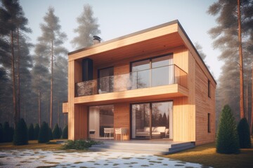 cozy wooden house with a charming balcony and a serene patio. Generative AI