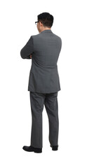 Businessman in suit posing on white background, back view