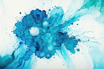 bstract blue and white paint splatters on white canvas. Generative AI