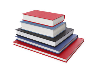 Stack of different hardcover books on white background