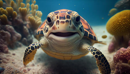 green turtle swimming. Cute turtle smiling under the sea Ai generated image